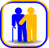 Icono de aCeca: Pictograma en azul y amarillo de una persona con bastón y otra persona ayudándole